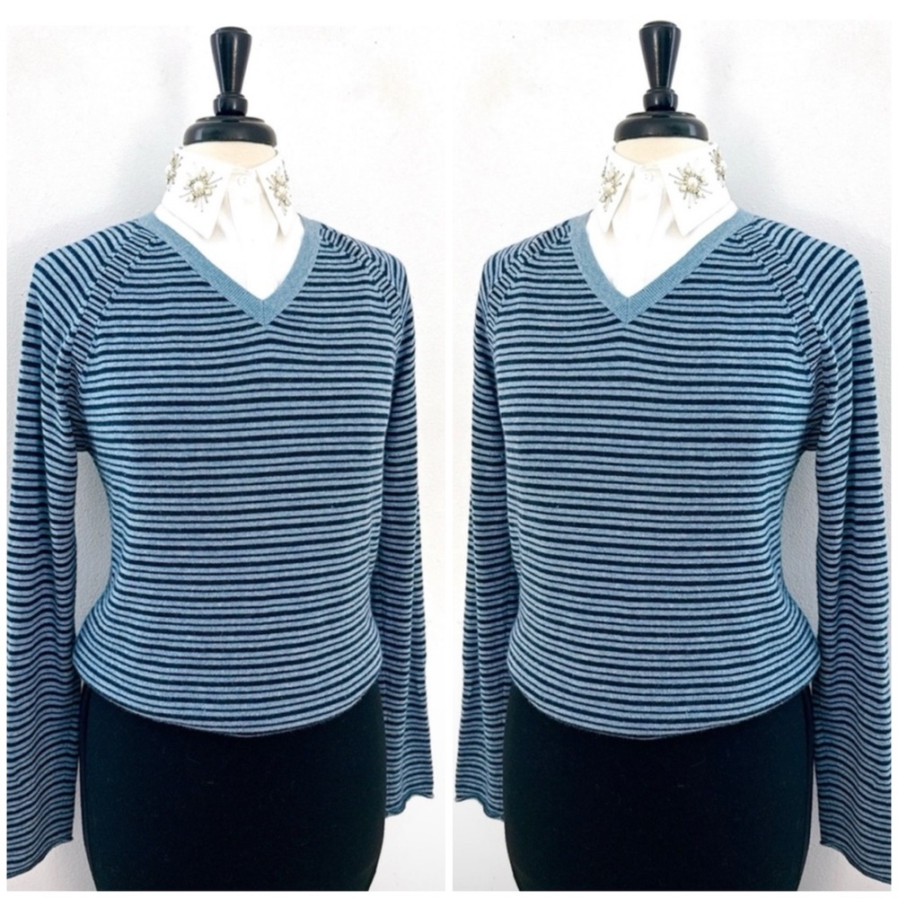 Autumn Cashmere Sweater Academia Collegiate Pullover V-neck Striped Blue Small